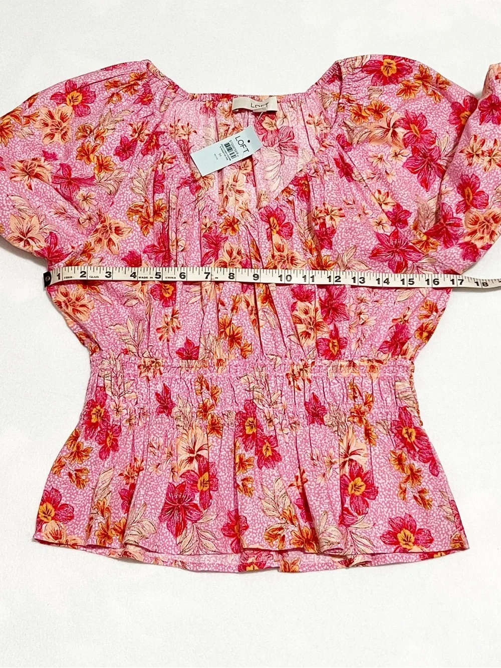 NWT!  LOFT Pink Floral Smocked Peplum Top Puff Sleeves Medium Cottage Boho